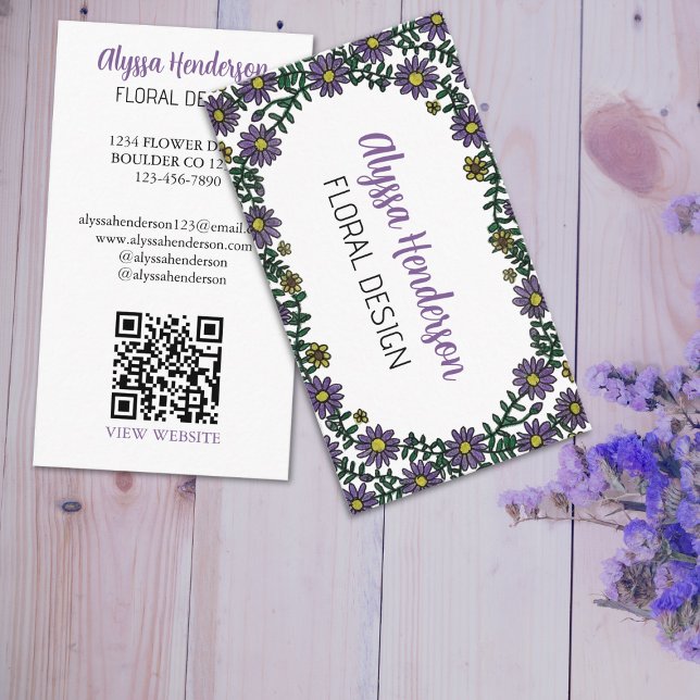 Elegant Purple & White Floral QR Code Florist Business Card (Creator Uploaded)