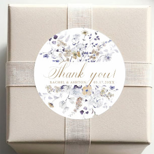 Elegant Purple White Gold Floral Wedding Thank you Classic Round Sticker