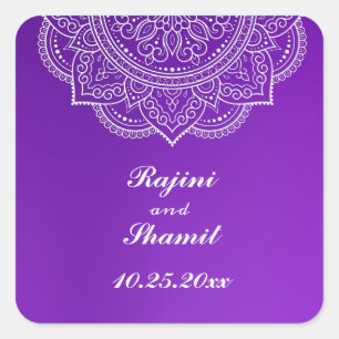 Elegant Purple White Indian Paisley Wedding  Square Sticker
