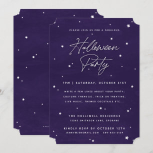 Elegant Purple+White Magical Stars Halloween Party Invitation
