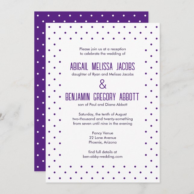 Elegant Purple & White Polka-Dotted Reception Invitation (Front/Back)