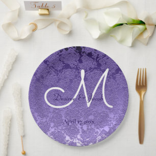 Elegant Purple White Wedding Monogram Paper Plate