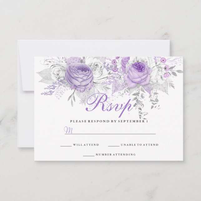 Elegant Purple White Winter Floral Wedding RSVP Card (Front)