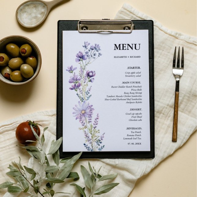 Elegant Purple  Wildflower wedding Bridal Shower Menu (Creator Uploaded)