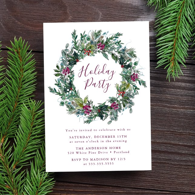 Elegant Purple Winter Berries Wreath Holiday Party Invitation (Creator Uploaded)