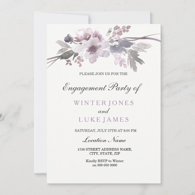 Elegant Purple Winter Floral Engagement Invite (Front)