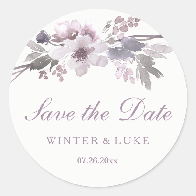 Elegant Purple Winter Floral Save the date Sticker (Front)