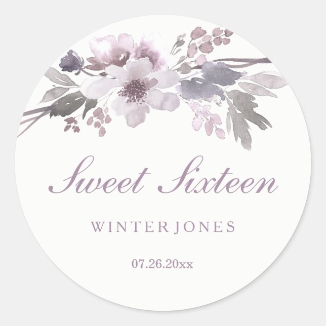 Elegant Purple Winter Floral Sweet 16 Stickers (Front)