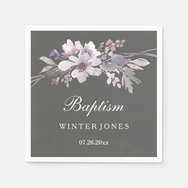 Elegant Purple Winter Grey Floral Baptism Napkin (Front)