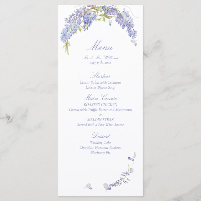 Elegant Purple Wisteria Botanical Script Wedding Menu (Front)