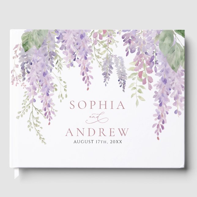 Elegant Purple Wisteria Flowers  Wedding Guest Book (Front)