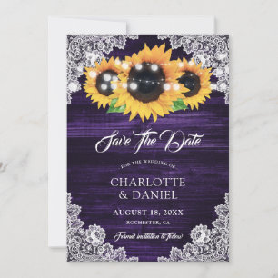 Elegant Purple Wood Floral Lace Sunflower Wedding Save The Date