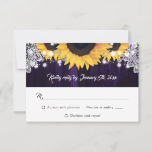 Elegant Purple Wood Lace Sunflower Wedding RSVP Card