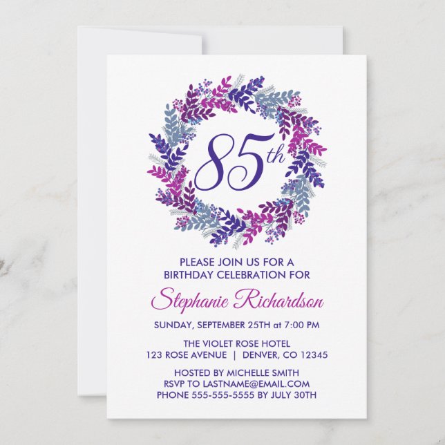 Elegant Purple Wreath 85th Birthday Invitation (Front)