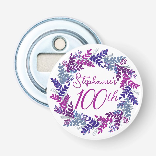 Elegant Purple Wreath Monogram 100th Birthday Bottle Opener (Front)