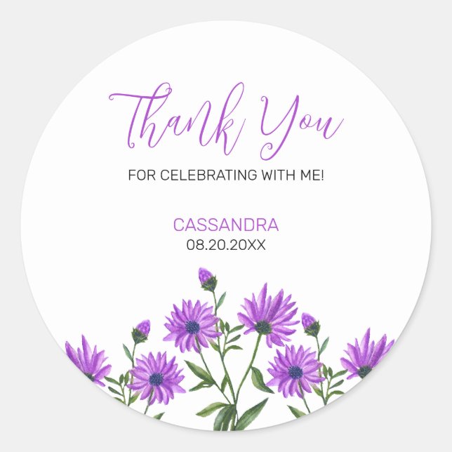 Elegant Purple Xeranthemum Floral Thank You Classic Round Sticker (Front)