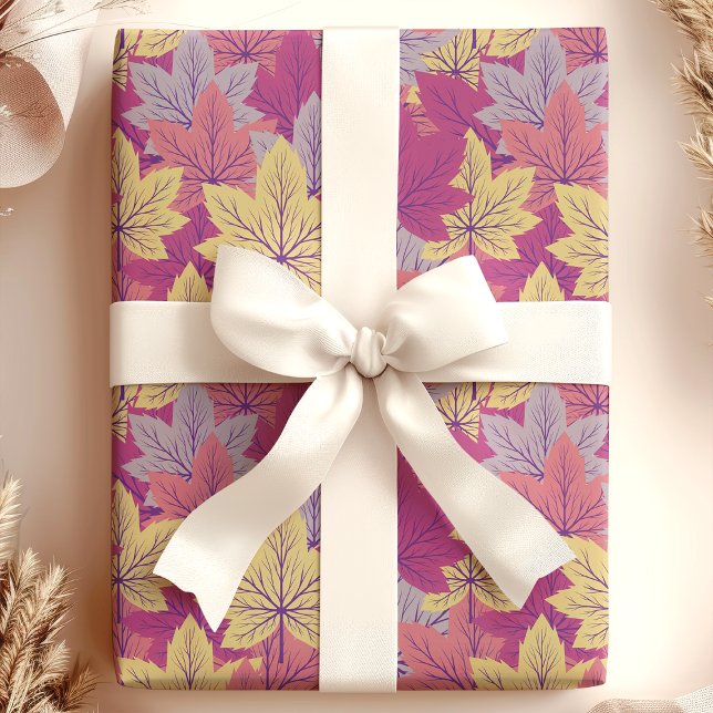 Elegant Purple Yellow Fall Autumn Leaves Pattern Wrapping Paper (Creator Uploaded)