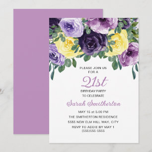 Elegant Purple Yellow Floral 21st Birthday Invitation