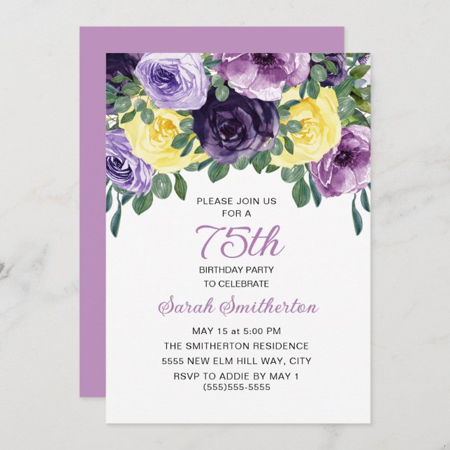Elegant Purple Yellow Floral 75th Birthday Invitation (Front/Back)