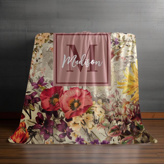 Elegant purple yellow floral grey monogrammed fleece blanket (Creator Uploaded)