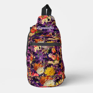 Elegant purple yellow floral printed sling bag