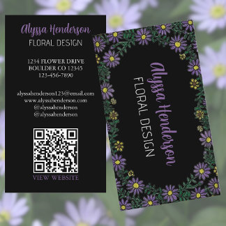 Elegant Purple & Yellow Floral QR Code Florist Business Card