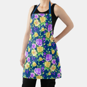 Elegant Purple Yellow Rose Floral Pattern Apron