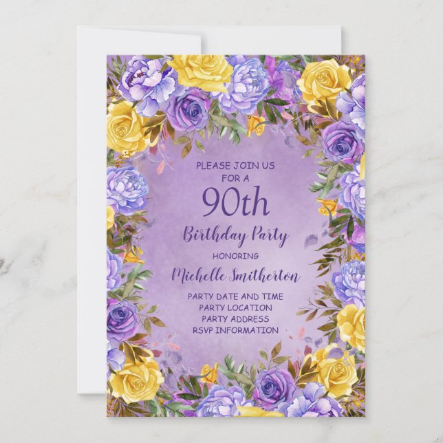 Elegant Purple Yellow Roses Peonies 90th Birthday Invitation (Front)