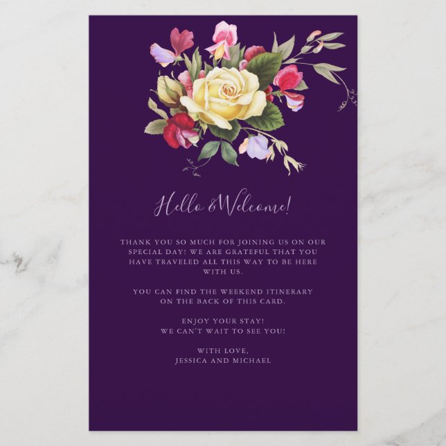 Elegant Purple Yellow Wedding Welcome Itinerary (Front)