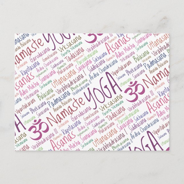 Elegant Purple Yoga Positions Word Cloud Pattern Postcard (Front)