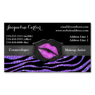 Elegant Purple Zebra Glitter Kiss Cosmetologist Magnetic Business Card