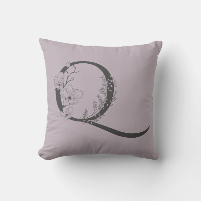 Elegant Q Boho Floral Monogram Initial Lilac Grey Cushion (Front)