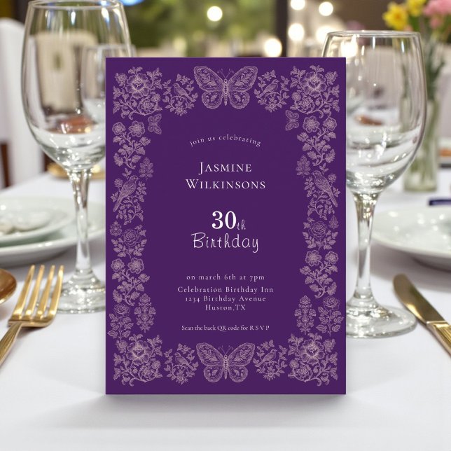 Elegant qr cod Floral Butterfly 30 Birthday Invite (Creator Uploaded)