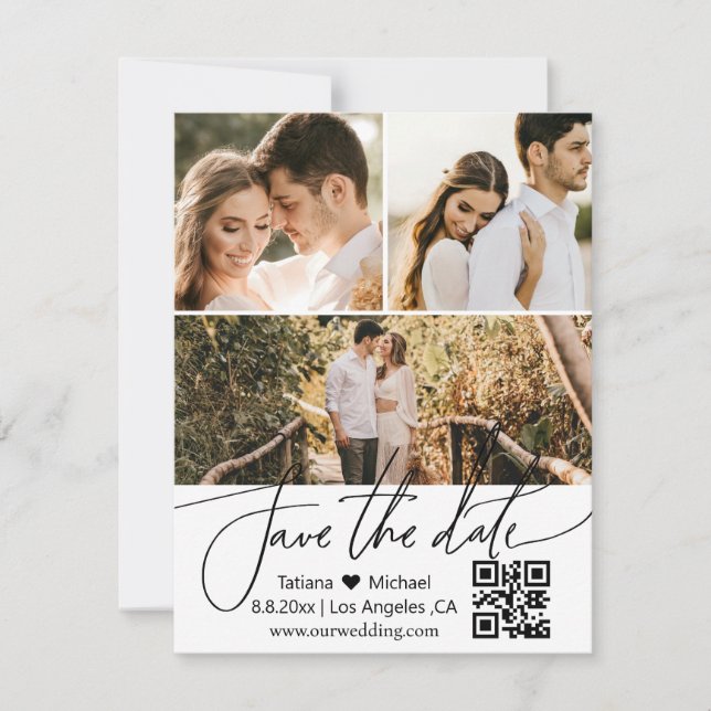elegant qr code 3 photos collage  save the date  invitation (Front)