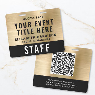Elegant QR Code Black Gold Event Access Pass ID Badge