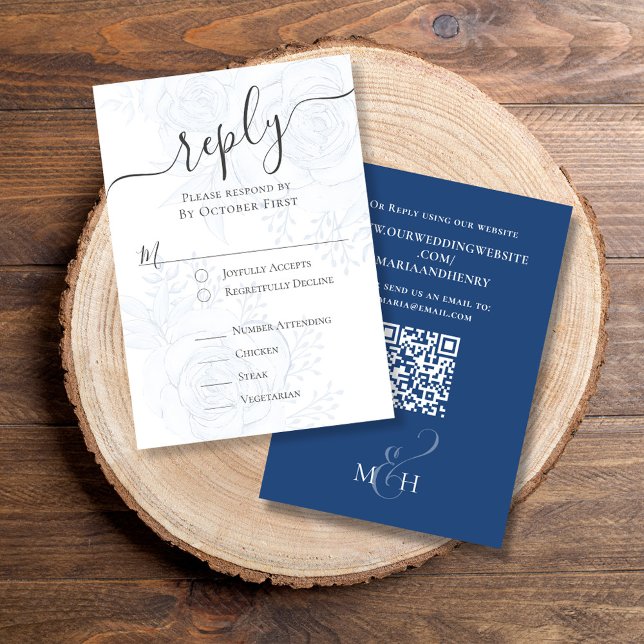 Elegant QR Code Blue Floral Classic Meal Choice RSVP Card (Classic RSVP card with elegant blue floral design with classic meal choice )