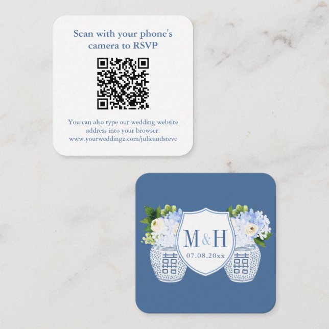 Elegant QR Code Blue White Wedding RSVP Enclosure Card (Front/Back)