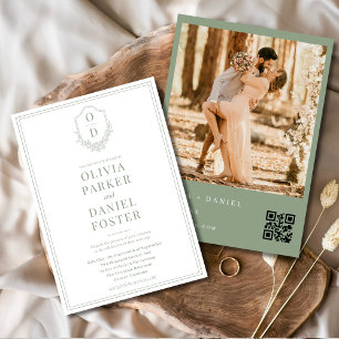 Elegant QR Code Crest Sage Green Photo Wedding Invitation