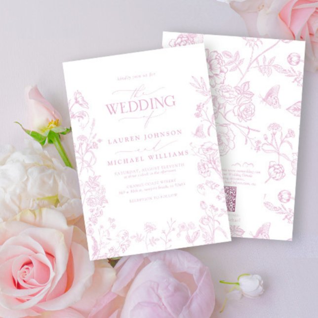 Elegant QR Code Dusty Rose Chinoiserie Wedding Invitation (Creator Uploaded)