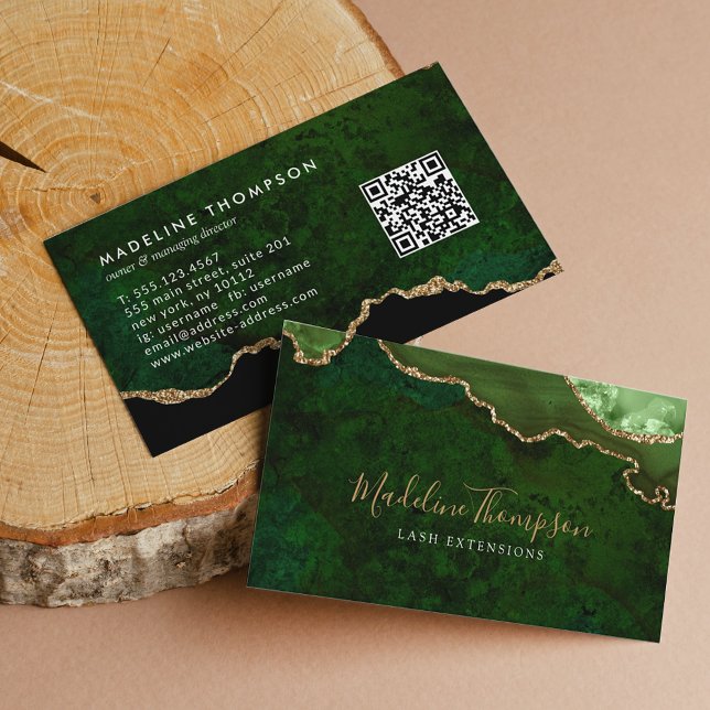 Elegant QR Code Emerald Green Marble Agate Geode Business Card (Creator Uploaded)