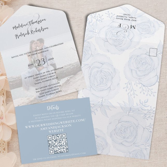 Elegant QR Code Floral RSVP Online Dusty Blue All In One Invitation (Elegant floral dusty blue all in one wedding invitation with blue floral roses.)