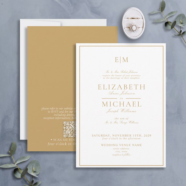Elegant QR Code Gold Classic Monogram Wedding Invitation (Creator Uploaded)