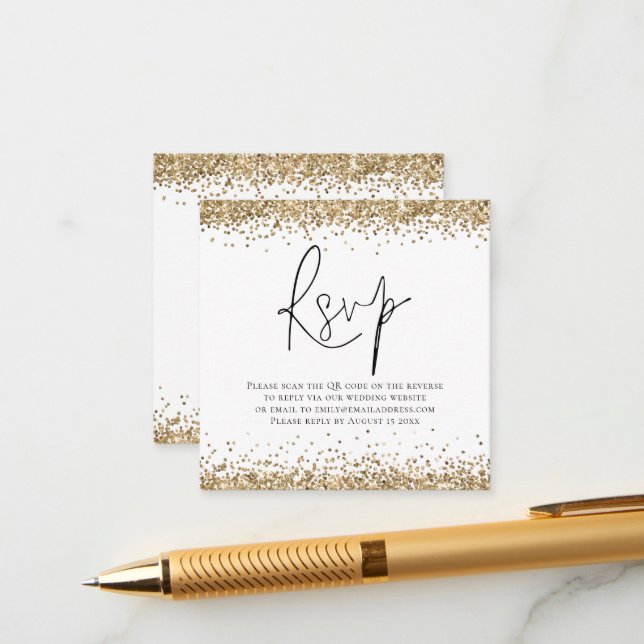 Elegant QR Code Gold Glitter Wedding RSVP Enclosure Card (Front/Back In Situ)