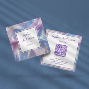 Elegant Qr Code Iridescent Glitter Swirl  Square Business Card