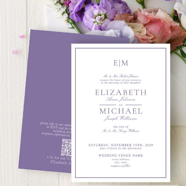 Elegant QR Code Lavender Classic Monogram Wedding Invitation (Creator Uploaded)