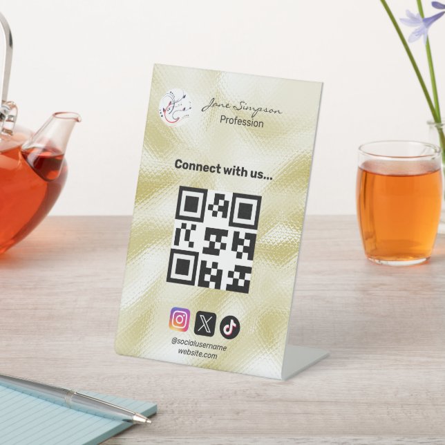 Elegant Qr code Logo Gold Texture Pedestal Sign (In SItu)