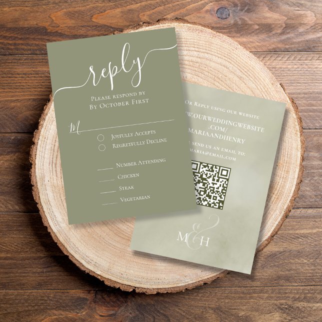 Elegant QR Code Palm Leaves Classic Meal Choice RSVP Card (Simple Green watercolor RSVP card with classic meal choice and QR Code.)
