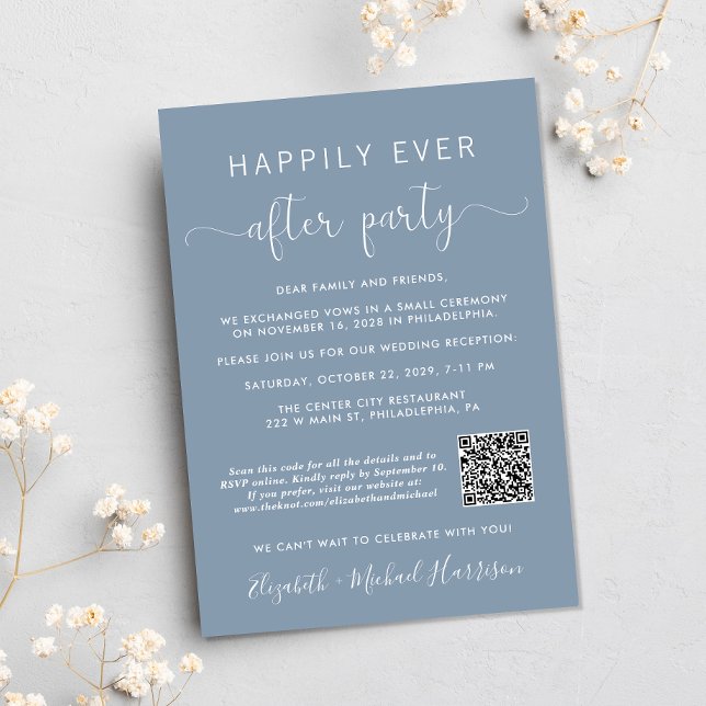 Elegant QR Code Photo Dusty Blue Wedding Reception Invitation (Our user-friendly template will generate your QR code automatically from your website address)