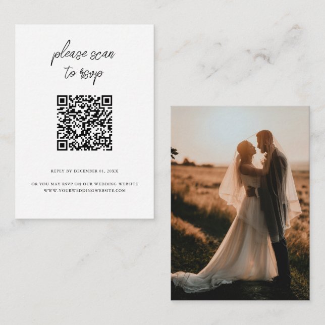 Elegant QR Code Photo White Wedding RSVP Enclosure Card (Front/Back)