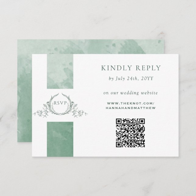 Elegant QR Code RSVP Green Monogram Wedding Enclosure Card (Front/Back)